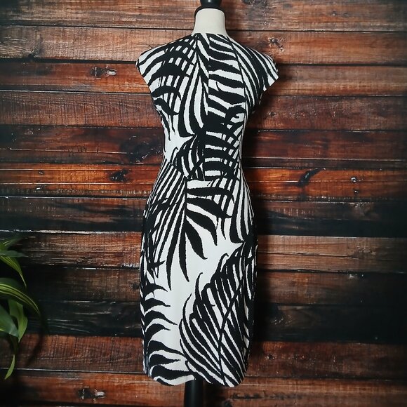 Cache Dress Size 6 White Black Palm Leaf Ruched Cap Sleeve Padded Made in USA - Picture 5 of 10